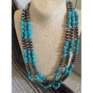 Western Turquoise Style 3 Strand Necklace Howlite Chunk Beaded Boho Statement
